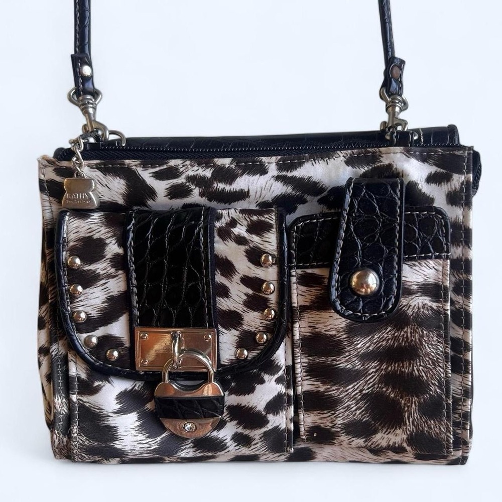 Kathy Van Zeeland Animal Print Crossbody Wallet Bag Studded Zip Snap Card ID
